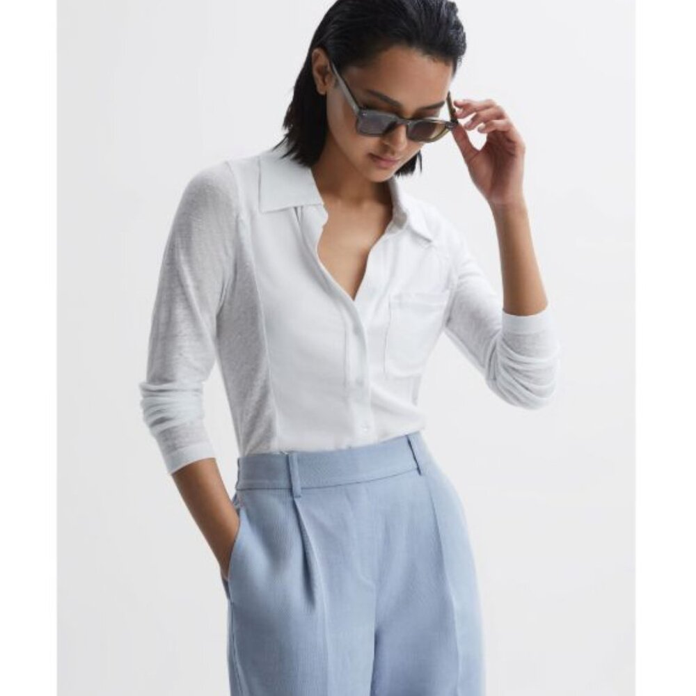 NWT Reiss $295 Phillipa White LINEN Knit Button Up Quiet Luxury Shirt Top 4 6